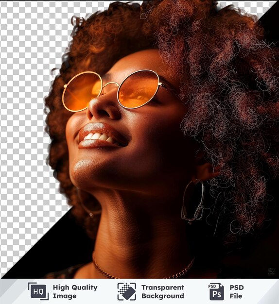 PSD transparent psd picture woman with an afro hairstyle smiling and wearing sunglasses accessorized with a silver earring and necklace with a prominent nose and open mouth