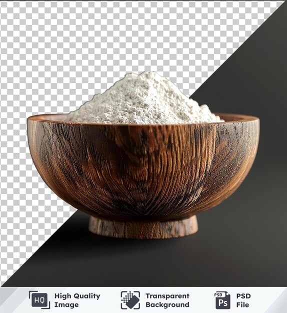 Transparent psd picture wooden bowl with flour mockup on black background