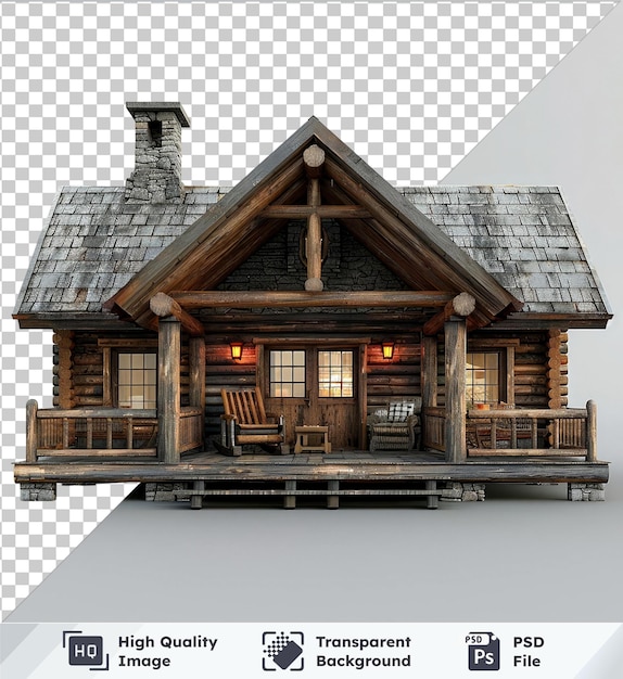 PSD transparent psd picture of a wooden cabin with brown roof chair door and window set against a wood