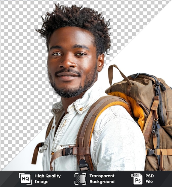 Transparent psd picture young african student smiling with backpack his back to the camera