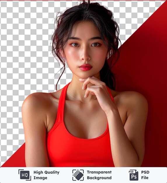 PSD transparent psd picture young beautiful asian sporty woman wearing sportswear doing sport over red with hand on chin thinking about question pensive expression smiling with thoughtful face doubt co
