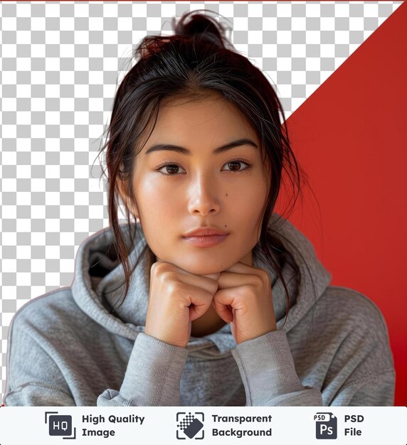 PSD transparent psd picture young beautiful asian sporty woman wearing sportswear doing sport over red with hand on chin thinking about question pensive expression smiling with thoughtful face doubt co