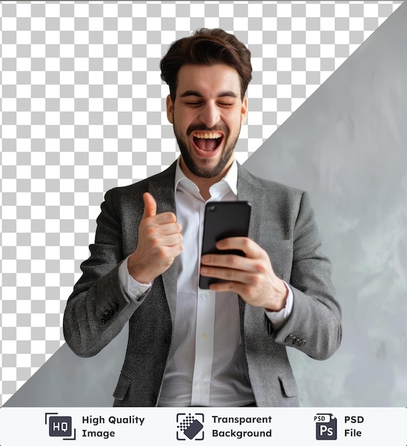 Transparent psd picture young handsome businessman using smartphone standing screaming proud and celebrating victory and success very excited cheering emotion on his face