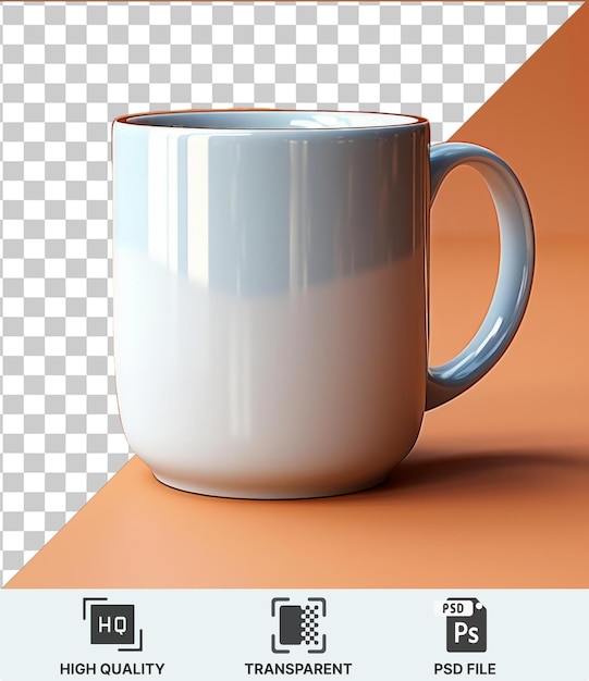 Transparent psd a white coffee mug with a blue handle sits on a table against an orange wall casting a dark shadow