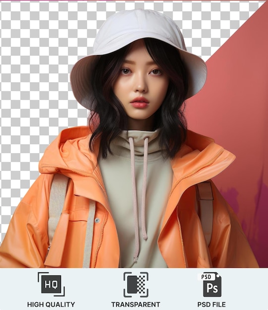 PSD transparent psd a woman with brown and black hair wearing a white hat and orange jacket stands in front of a pink wall with a gray strap visible in the foreground