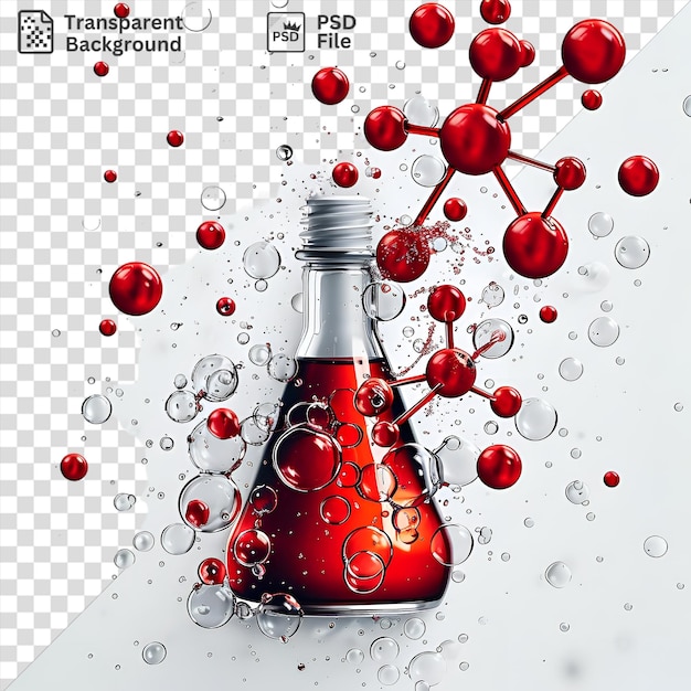 透明なリアルな写真 化学反応を赤いボトルと赤いボールで描いた
