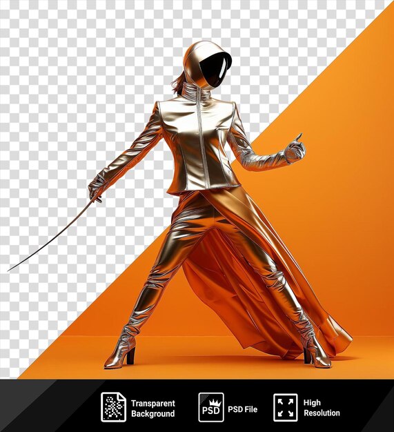 Transparent realistic photographic fencers foil suit with a sword featuring a long leg and extended arm displayed on a black and white poster png