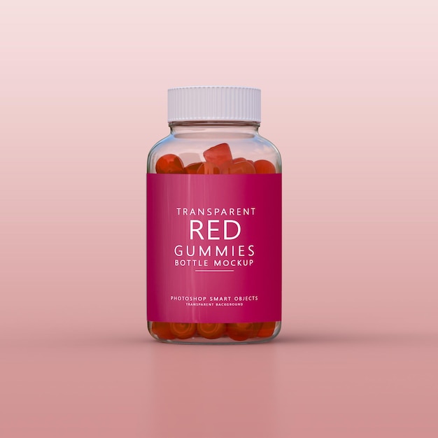 transparent red gummies supplement bottle short label psd mockup