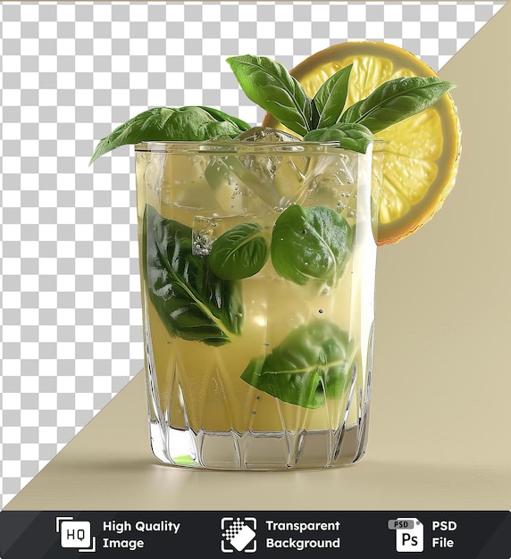 PSD transparent refreshing basil lemonade served in a clear glass on a transparent background garnished with fresh green leaves