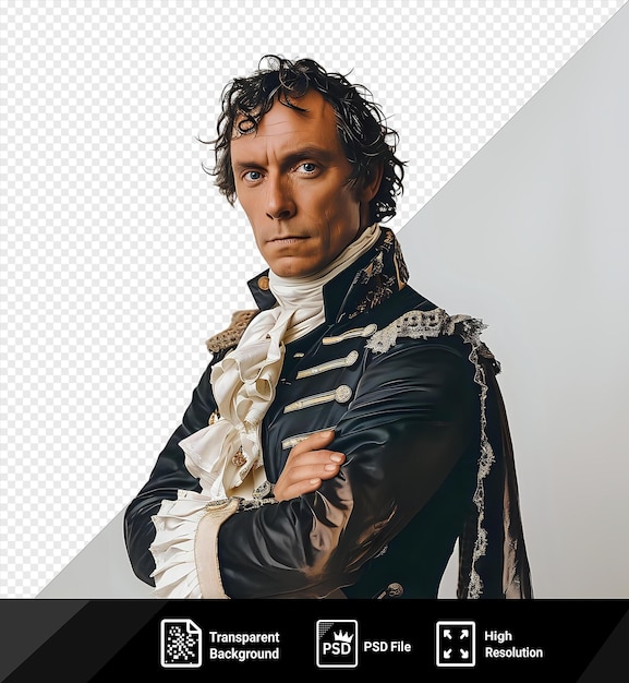 PSD transparent of sir francis drake as a pirate wearing a black jacket and curly hair with a prominent nose and brown and blue eyes standing in front of a white wall