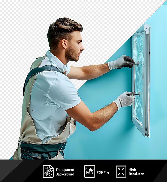 PSD transparent of skilled serviceman sealing the plastic steel window of a blue wall while wearing a white and blue shirt black and blue belt and gray and white glove with short brown hair and