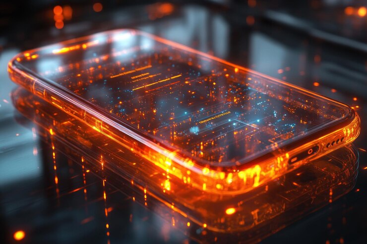 PSD a transparent smartphone with glowing orange circuitry inside