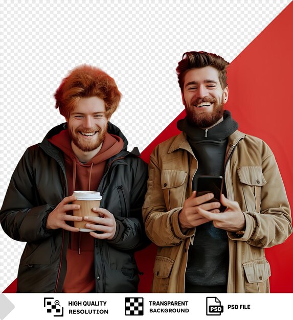 PSD transparent smiling ginger man with a disposable paper cup and his dark haired pal with a smartphone png psd