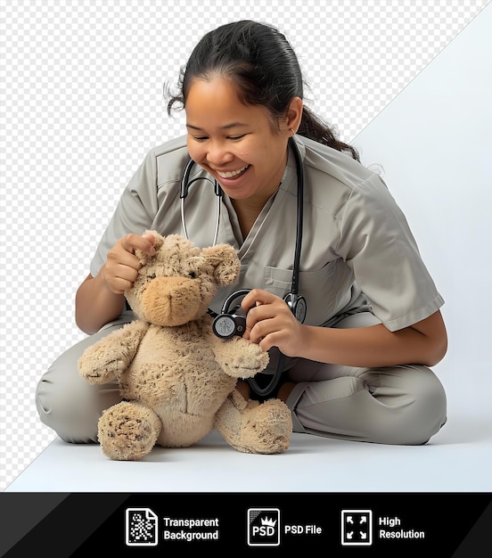 PSD transparent smiling healthcare professional practising auscultation procedure on a soft toy png