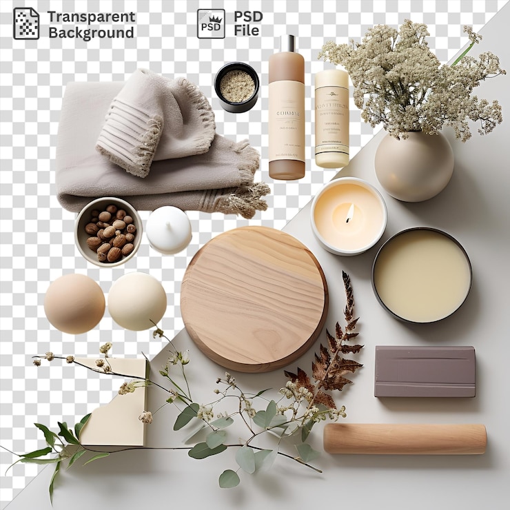 PSD transparent spa day at home set up with a transparent background adorned with a white candle black bowl and white and brown egg accompanied by a small plant