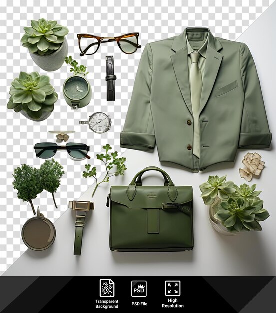 PSD transparent stylish accessories including a green flower small clock black glasses gray tie and green bag are arranged on a transparent background alongside a small green plant