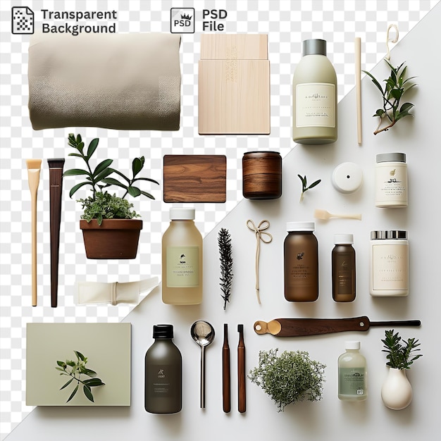 PSD transparent sustainable living products set displayed on a transparent background featuring a brown bowl wood spoon and white towel
