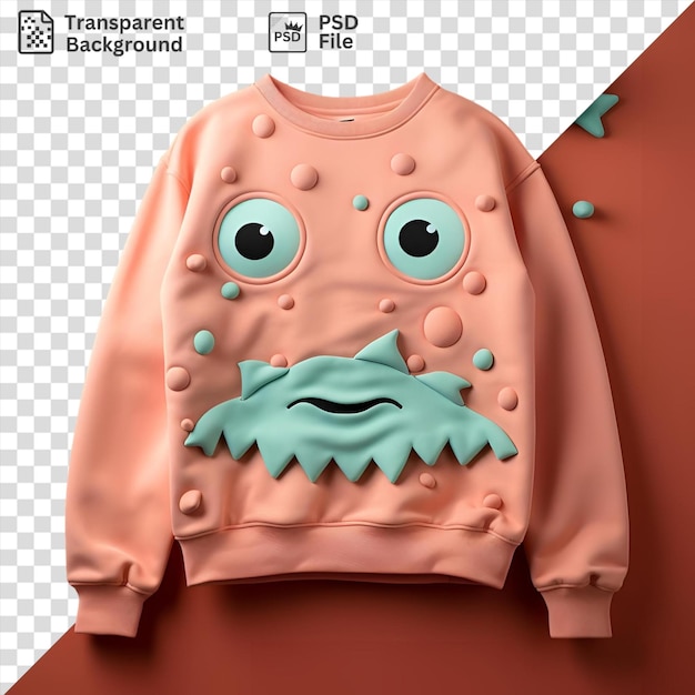 PSD transparent sweatshirt with a sad face and a blue fish on a pink background accompanied by a long arm and a blue ball