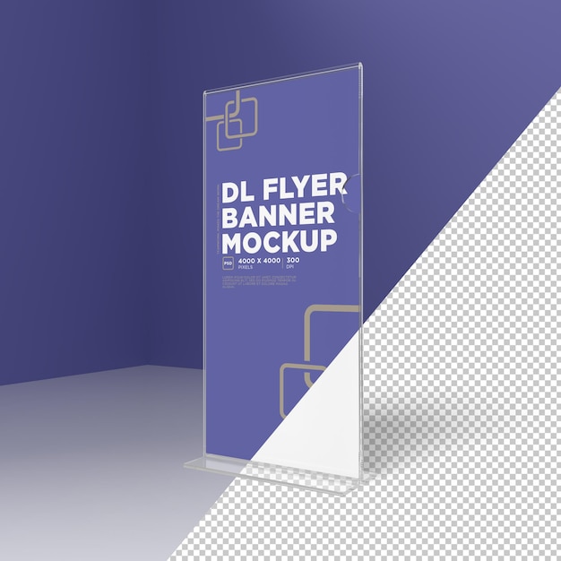 Mockup psd con supporto per brochure in acrilico dl da tavolo trasparente con sfondo mutevole.