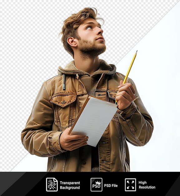 PSD transparent of thoughtful young handsome man holding pencil and note pad keeping hand chlooking side view