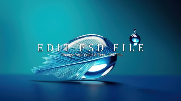 PSD transparent turquoise drop of pure water on feather blurred blue background