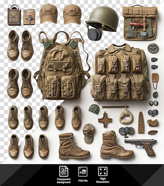 Transparent veterans day item set a collection of military themed items including brown boots a gun and a hat displayed on a transparent background