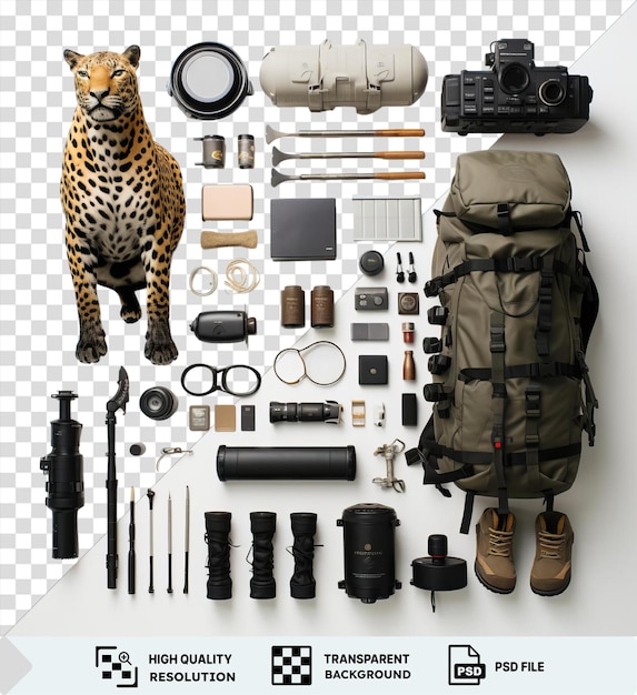 PSD transparent wildlife photography equipment set on a transparent background featuring a black camera black tripod brown boots and a gray backpack