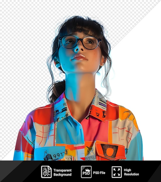 PSD transparent a woman wearing glasses and a shirt with a shirt that says im not going to work stands in front of a blue background she has black hair a blue face and a png