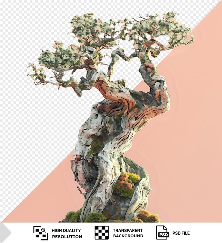 PSD transparent an a wooden forest tree covered in moss stands against a pink sky with a brown trunk visible in the foreground