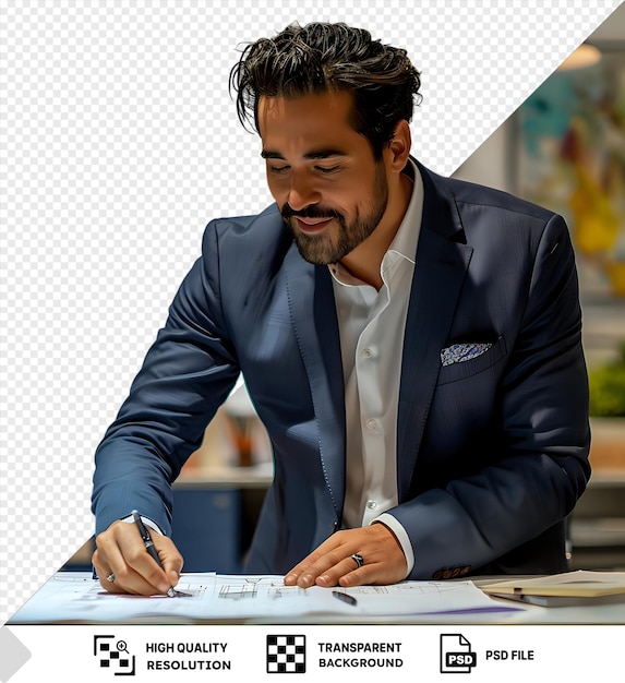 transparent work engineer working on a project surrounded by a green plant and a white wall wearing a white shirt and black hair with a silver ring on his hand and a white paper png psd