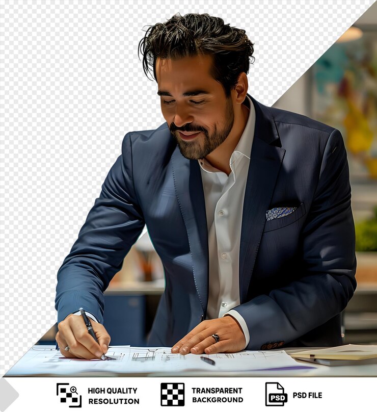 PSD transparent work engineer working on a project surrounded by a green plant and a white wall wearing a white shirt and black hair with a silver ring on his hand and a white paper png psd