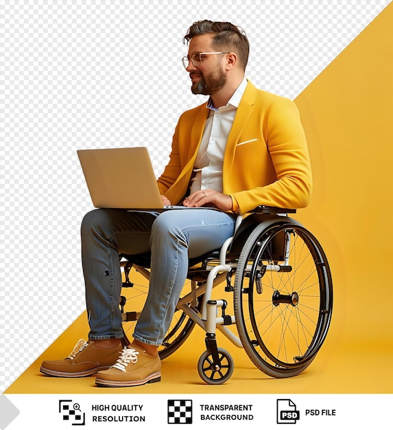 PSD transparent working mood a man in a black wheelchair sits in front of a yellow wall wearing a white shirt blue jeans and silver glasses he uses an open silver laptop on his lap while png psd