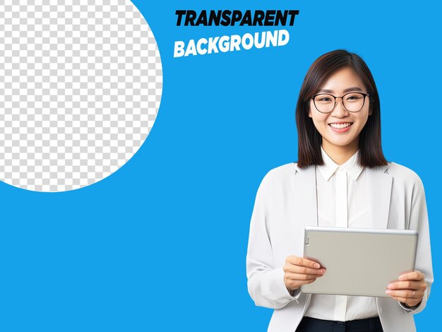 PSD transparent young asian corporate worker in glasses smiling and holding digital tablet standing