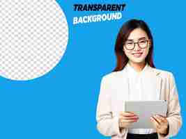 PSD transparent young asian corporate worker in glasses smiling and holding digital tablet standing