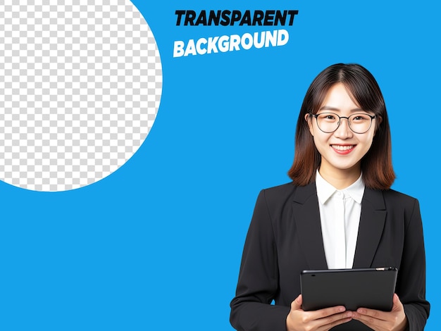 PSD transparent young asian corporate worker in glasses smiling and holding digital tablet standing