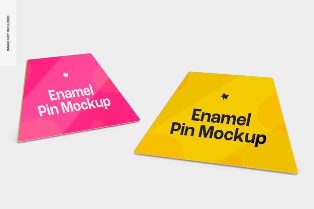 Trapeze shaped enamel pins mockup, left view and right view