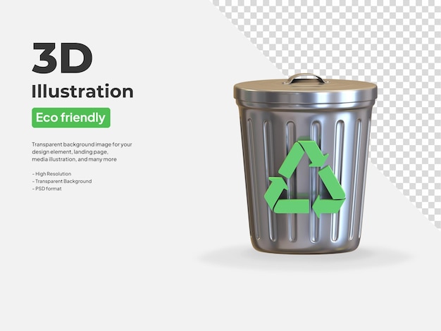 PSD trash bin icon with green recycle symbol 3d render illustration