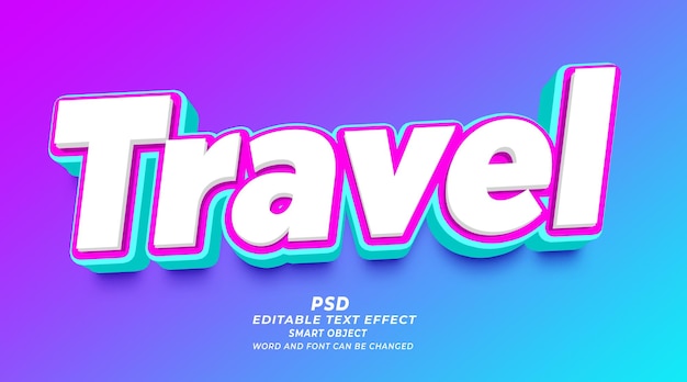 Travel 3d editable text effect psd photoshop template with cute background