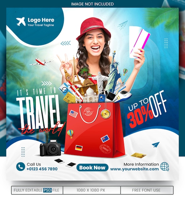 PSD travel agency social media post template design of summer beach tour travel holiday tourism post