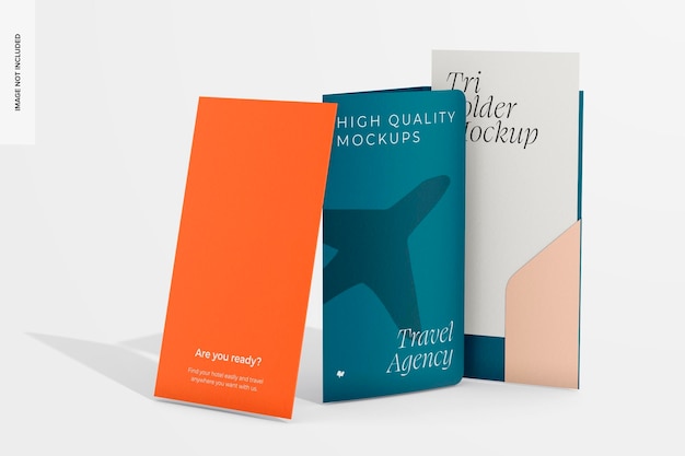 Travel agency tri fold folders mockup, leaned