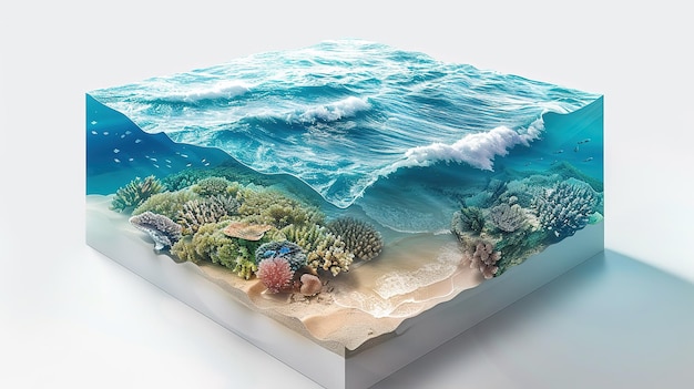 Путешествия и отдых фон 3d иллюстрация с вырезом земли и голубого моря под водой