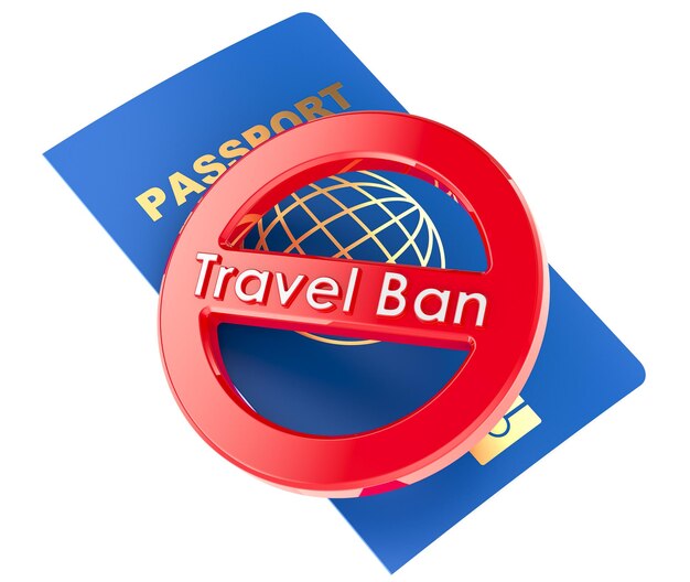 Travel ban concept Prohibition red sign with biometric international passport 3D rendering isolated on transparent background