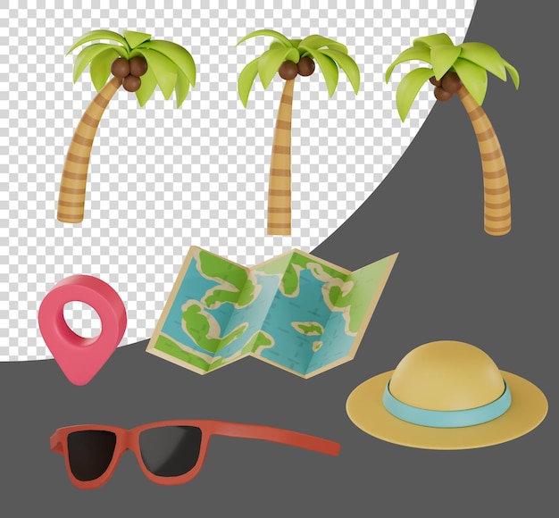 PSD illustrazione di rendering 3d di articoli da spiaggia da viaggio