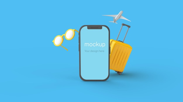 PSD Шаблон бронирования путешествия экран смартфона макет самолета пальма и чемодан 3d рендеринг