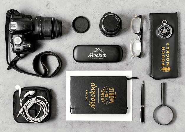 PSD travel equipment still life mockup