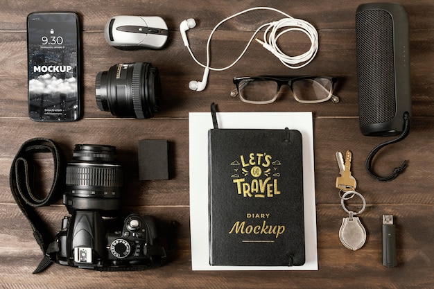 Travel equipment still life mockup