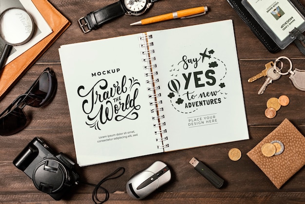 Travel equipment still life mockup