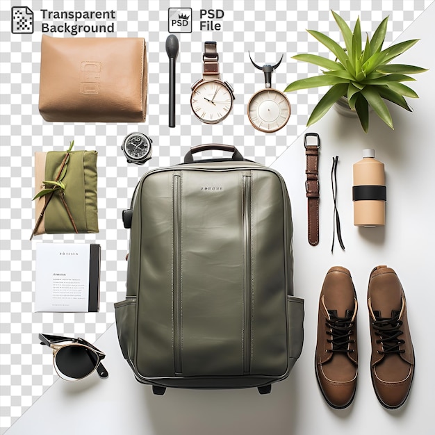 Travel essentials set up on a transparent background with a brown shoe black watch and green plant in the background