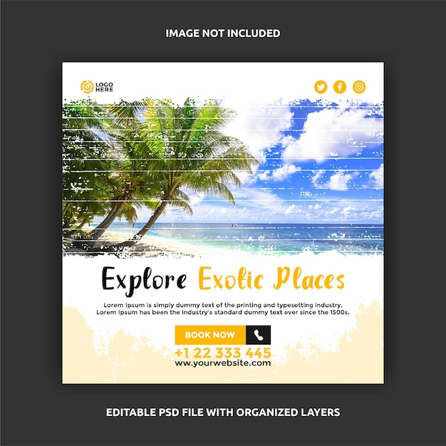 Travel exotic places square post social media template design