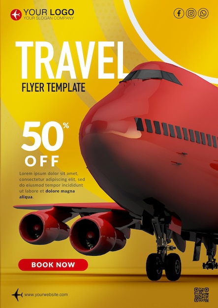 PSD travel flyer template with red airplane